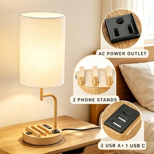 Dreamholder 2 Pack Table Lamp, Bedside Lamp with 3 USB Charging Ports & AC Outlet, USB Desk Lamp with 2 Phone Holders, Linen Fabric Shade Nightstand Lamps for Bedroom Living Room Office, Woodgrain - color: Woodgrain