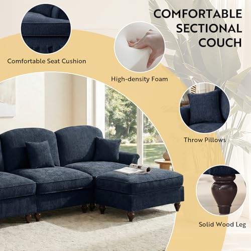 Modular Sectional Sofa Couch, Comfy Chenille Sofa with Removable Ruffled Skirt, Flared Armrests, Sturdy Legs, Convertible 3-Seat for Living Room, Bedroom, Apartment (Blue) - color: Blue, size: 107.1 Inch