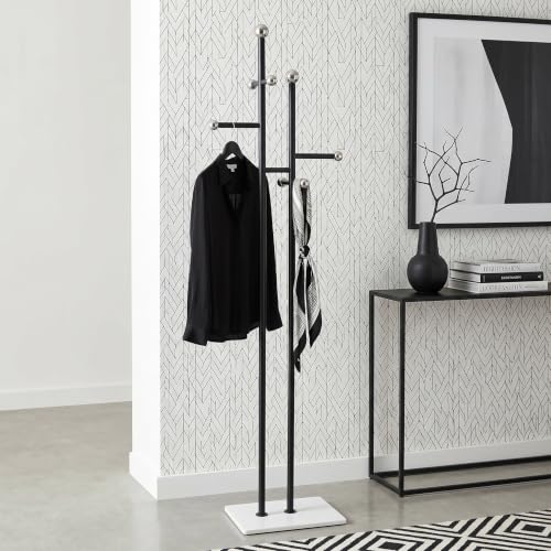 Entryway Coat Rack Freestanding, Black Metal Marble Base | 1.0mm thickened black metal tree with 8 stainless steel hooks. Anti-toppling heavy marble base for modern entryway. - color: black and white