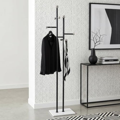 Entryway Coat Rack Freestanding, Black Metal Marble Base | 1.0mm thickened black metal tree with 8 stainless steel hooks. Anti-toppling heavy marble base for modern entryway. - color: black and white
