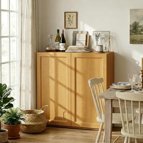 FENSULN Modern Sideboard Accent Buffet Storage Cabinet Display Buffet Cabinet Credenza with Adjustable Shelves for Dinging Room Living Room Entryway Coffee Bar,Oak - color: Oak Yellow