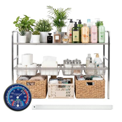 Under-Sink Organizer 2-Tier Expandable Cabinet Storage (4 panels 4 baskets) | LED Motion-Sensing Auxiliary Lighting Dial Thermometer Stainless Steel Telescopic & Adjustable Rust-Resistant - size: 4 panels 4 baskets