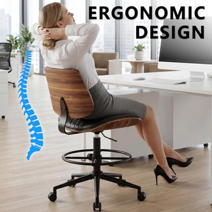 Drafting Chair with Adjustable Footrest, Rolling Walnut Stool, Black | Armless Tall Swivel Stool for Standing Desk, PU Leather Curved Bentwood, Rolling for Office & Art Studio, 300LBS Capacity - color: Black