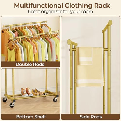 HYSEYY Double Rods Clothes Rack, Sturdy Rolling Clothing Rack, Portable Clothing Racks for Hanging Clothes - Metal Garment Rack Wardrobe Coat Rack for Bedroom Laundry Living Room, Gold - color: Gold