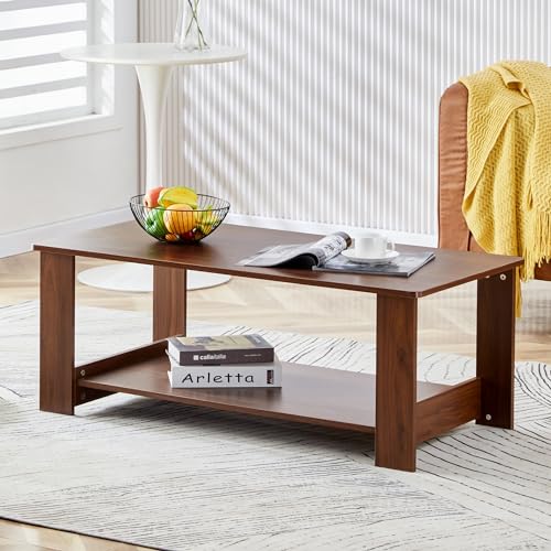 Modern White Coffee Table, Minimalist Rectangle Living Room Table,Wood and Metal Cocktail Coffee Table for Home Bedroom Office (Walnut, 43.3"*21.6"*16.5") - color: Walnut, size: 43.3"*21.6"*16.5"