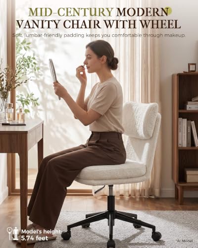 COMHOMA Vanity Chair with Ergonomic Curved Backrest, Home Office Desk Chair with Silent Wheel, Wide Seating Computer Chair for Girls Women Bedroom, Soft Teddy Fabric, White - color: White, Teddy Fleece