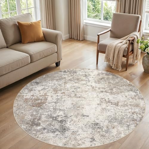 UERMEI 6ft Round Area Rug Living Room Rugs - 6x6 Washable Neutral Modern Abstract Soft Thin Rug Indoor Floor No Slip Rug Carpet for Bedroom Under Dining Table Home Office Decor - Brown Grey - color: Brown Grey, size: 6' (Round)