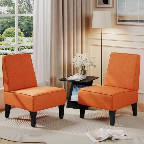 Armless Accent Chairs Set of 2, Orange Linen Slipper Chairs | Upholstered Armless Chair with Solid Wood Legs, Mid Century Modern Side Chairs for Small Living Room Bedroom Apartment - color: Orange
