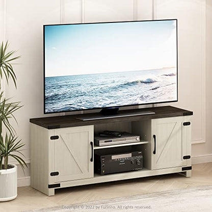 Furinno Jensen Farmhouse Barn Door Living Room TV Stand with Storage Cabinets for TV up to 70 Inch, Ebony/White Wash - color: Ebony/White Wash