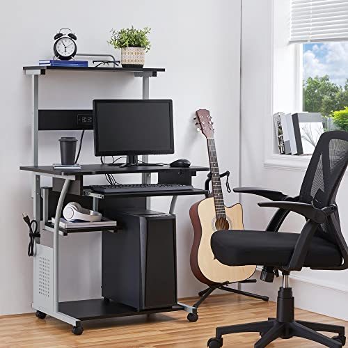 Yaheetech Small 3-Tier Rolling Computer Desk, Power Outlet, Black | Engineered wood tiers and metal frame suit small spaces, holding a monitor, printer, and keyboard tray by a built-in outlet. - color: Black
