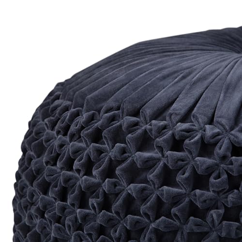 SIMPLIHOME Safford 20" Wide Square Pouf in Black/White PET Polyester | Boho footstool, extra seating for home living room or bedroom with button-tufted pleated design, assembled; pouf ottoman. - color: Navy, style: Pouf