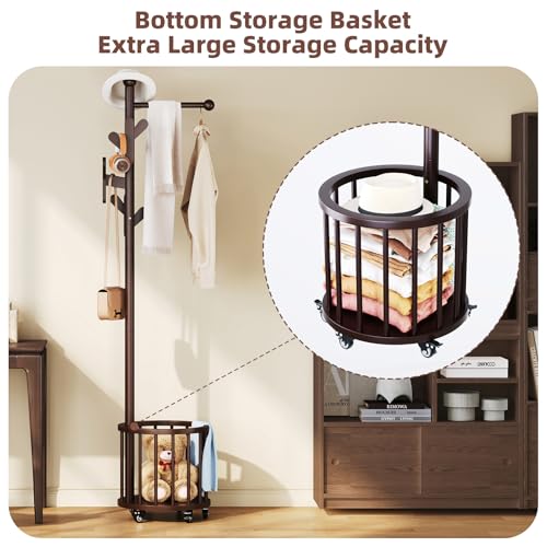 CozyDH Wooden Coat Rack Stand with Umbrella Holder and Wheels, Freestanding Hall Tree Coat Hanger with Multi Hooks, Heavy Duty Coat Tree for Entryway Bedroom Hallway Office, Deep Walnut - color: Dark Walnut, size: Round-15.7D×15.7W×72.8H