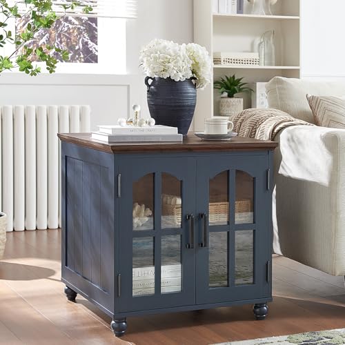 RWYHG Farmhouse 24" End Table Set 2 with Charger, Glass Barn Door, Blue | USB Ports, Solid Wood Legs, Adjustable Storage Shelf, Square Bedside Table for Living Room,Bedroom - color: Blue, size: Set 2