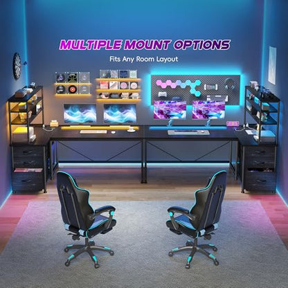 DurayLoly 55" L Shaped Gaming Desk with 3 Fabric Drawers & Shelves | Easy to Assemble Computer Desk with LED Lights, Power Outlet and PC Stand,Home Office Desk for Gaming Room Bedroom,Black - color: Black, size: 18.9"D x 55.1"W x 59"H