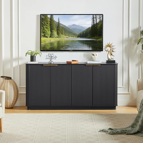 Modern 63 inch TV Stand, Black Media Console with Storage Cabinets and Vertical Stripe Design for Living Room, Curved Entertainment Center with Gold Handles for Bedroom and Hallway, Black-B - color: Black-b