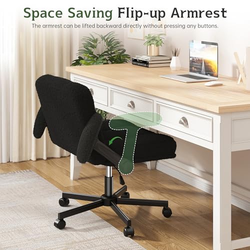 DurayLoly Criss Cross Office Chair with Flip-up Arm & Wheels | 360° Swivel,Plush Teddy Fabric Cross Legged Chair ,Adjustable Height for Home Office,Study, Gaming, Vanity,White - color: Black