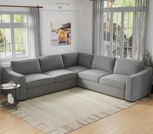 Convertible Sectional, L-Shaped Couch with Extra Deep Seats, Natural Linen Fabric Comfy Modern Corner Sofa for Living Room, Office, Grey - color: Grey, size: 112 Inch - V Shaped(5 Seat)