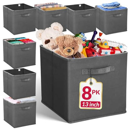 Reli. 13x13x13 Storage Cube Bins (8 Pack) Dark Gray, Fabric Organizer Cubes | Multi-Purpose Storage | Reinforced Double Stitched Handles | Collapsible