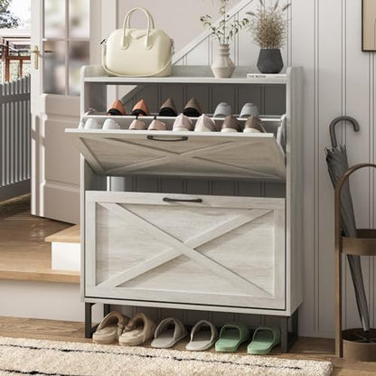 Maupvit Shoe Storage Cabinet with 2 Flip Drawers, Freestanding Organizer with Metal Legs for Entryway, Narrow Shoe Rack Cabinet, Beige - color: Beige, style: 2-Drawers