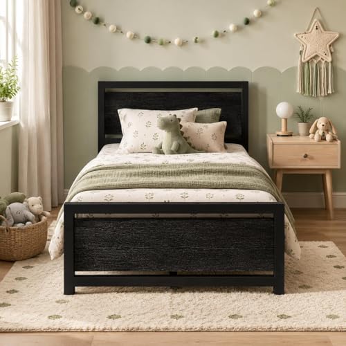 Twin Bed Frame with Headboard, Metal Platform Twin Bed Frames with Steel Slat Support, 10.5 in Storage Clearance, No Box Spring Needed, Easy Assembly, Black - color: Black, size: Twin
