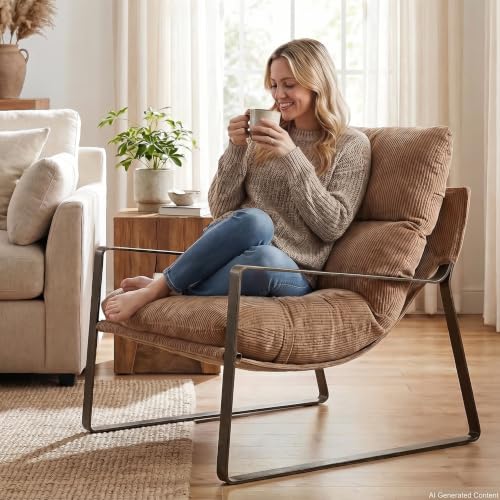 1-Pack Modern Accent Chair, Linen Living Room Chair, Khaki | Comfy Armchairs, Upholstered Lounge Armchair, Removable Seat Cushion, Bronze Metal Frame, For Reading Room, Bedroom, Balcony - color: Khaki-bronze Legs, size: 1PC