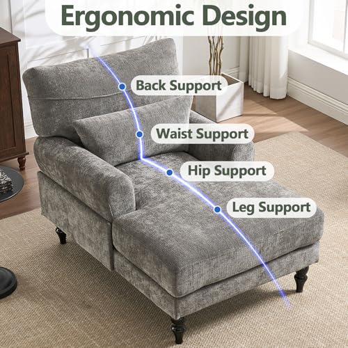 Chaise Lounge Chair Indoor Bedroom, Comfy Lounge Chair with Wide Armrest & Backrest for Small Space, Thick Cushion, High-Density Foam, Waist Pillow, Chenille (Grey) - color: Grey