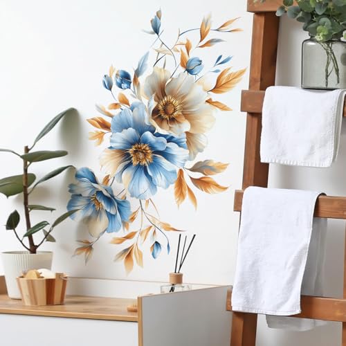 3D Wall Stickers DIY Flower Wall Decal Removable Waterproof Wall Art Decor for Bedroom Living Room Offices Home Decoration - color: Blue Gold