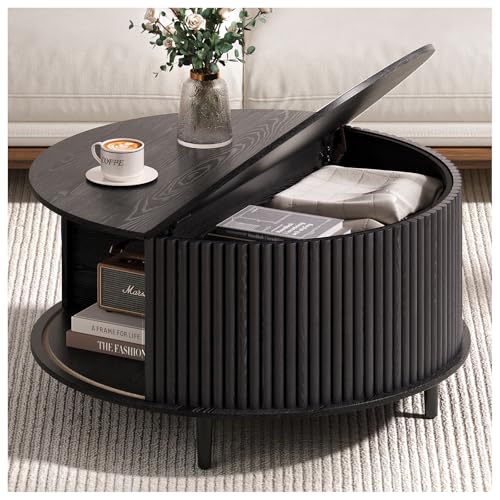 JOINICE Black Round Coffee Table with Storage for Living Room,31.5" | Hidden Storage,Fluted Sliding Door,Modern Furniture for Small Apartments,Solid Wood Legs,Easy Assembly,Up to 110 lbs - color: Black_round