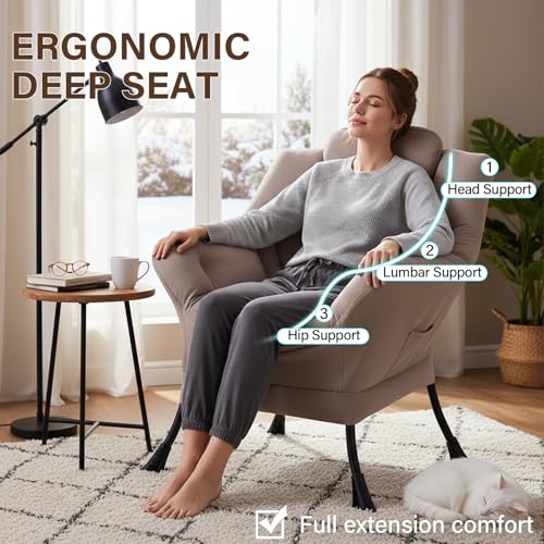 Welnow Khaki Single Lazy Chair for Adults，Modern Reading Accent Chair | A Side Pocket,Armrests,Thick Cushioned Seat & Backrest, Lounge Reading Chair for Bedroom,Living Room & Small Space - color: Khaki Without Stool
