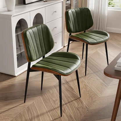Dining Chairs Set of 4, Mid Century Modern Dining Room Chairs, Upholstered Faux Leather Kitchen Chairs with Walnut Bentwood Back and Metal Legs, Green - color: Green, size: Set of 4