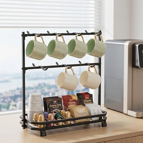 Coffee Mug Holder for Countertop, 14 Hooks Metal Coffee Cup Holder Rack | Mug Tree Stand with Storage Base for K Cup Coffee Pod Paper Cups Tea Bag, 2 Tier, Black - color: 2-Tier