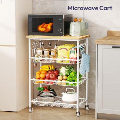 SWTYMIKI 24.4''x15.7'' Rolling Microwave Cart - 4 Tier Microwave Table Stand with 6 Storage Baskets, Coffee Bar with Wheels, Kitchen Utility Cart Shelf Rack Organizer for Vegetables, Potato, White - color: White
