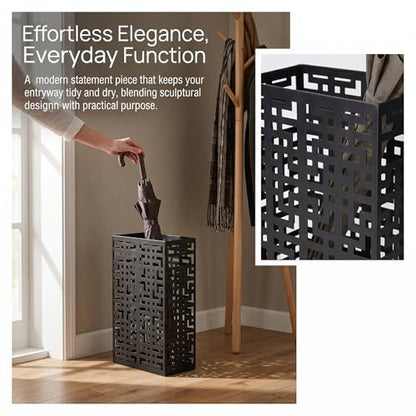 BEWBBAT Umbrella Stand Rack for Entryway, Hollow Metal Holder, FreeStanding Storage Bin for Long Umbrellas, Holds 6-7, Black