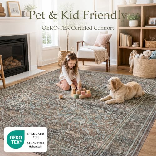 JOLLYVOGUE Vintage Floral Rug 3x5, Washable Entryway Rug with Faux Cashmere Surface, 0.2" Low Pile and Non-Slip Backing, Pet-Friendly for Doorways, Small Spaces and High-Traffic Areas, Vintage Brown - color: Vintage Brown, size: 3' x 5' (Rectangular)
