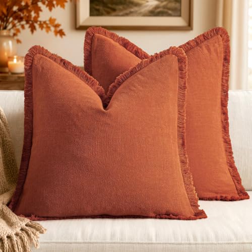 MIULEE Linen Fringe Decorative Fall Throw Pillow Covers Burnt Orange 18x18 | Set of 2, Cottagecore Decor, Boho Farmhouse Neutral Pillow Covers, Rustic Fall Couch Cushion Cases for Sofa Bed Living Room - color: Burnt Orange, size: 18" x 18" (Pack of 2)