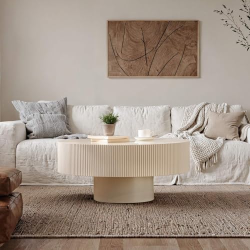 Round Drum Fluted Coffee Table (H) | Modern Wood Coffee Table with Circle Pedestal Center Tables Fluted Accent Tea Tables for Apartment Living Room - color: H
