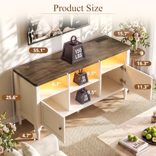 55" Farmhouse TV Stand with LED Lights & AC/USB Outlets | Rustic White Entertainment Center for TVs up to 65 Inch, Media Console Table with Storage Cabinets for Living Room Bedroom - color: Rustic White + Cracked Oak