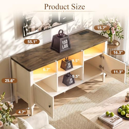 55" Farmhouse TV Stand with LED Lights & AC/USB Outlets | Rustic White Entertainment Center for TVs up to 65 Inch, Media Console Table with Storage Cabinets for Living Room Bedroom - color: Rustic White + Cracked Oak