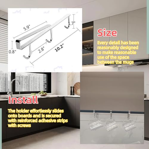 Mug Hooks Under Cabinet , 304 Stainless Steel Cup Hooks for Hanging Under Shelf, Mug Organizer Rack with 6 Hooks for Displaying Mugs, Coffee Cups and Kitchen Utensils,Fit for 0.8" or Less thickness - size: 2 Pieces