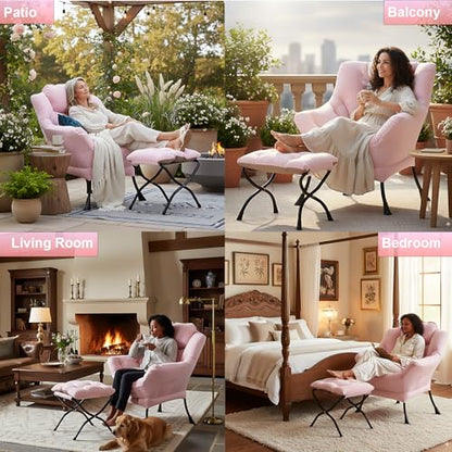 Lazy Chair with Ottoman, Comfy Accent Reading Chair, Pink | Foldable Footrest,Removable Cover,with Armrests and Side Pockets,Upholstered Lounge Chair for Bedroom,Dorm,Office,Small Space - color: Pink