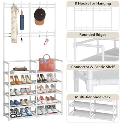 Laiensia 5-Tier Entryway Coat Rack, Coat and Shoe Rack, Entryway Bench Storage Organizer with 8 Hooks for Bedroom, Hallway, Office, White - color: White