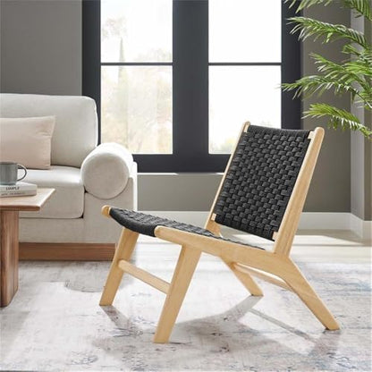 Modway Saoirse Woven Rope Wood Accent Lounge Chair in Natural Black - color: Natural Black