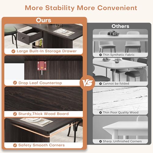 Jocoevol Space Saving Folding Dining Table for 4, Foldable Dining Table with Drawer and Storage Shelf, 6 Wheels Drop Leaf Kitchen Dining Room Table for Small Space (Walnut, 47.2" x 23.6" x 29.9") - color: Black Walnut