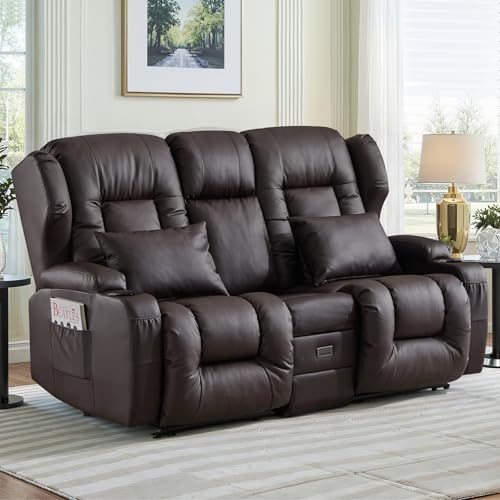 Loveseat Recliner Sofa,RV Wall Hugger Recliners with Flip-up Console,Reclining Loveseat Sofa Recliner with Cup Holders/Lumbar Pillows for Small Spaces,RV Furniture (Brown,68" 2-Seater) - color: Brown, size: 68" 2-Seater