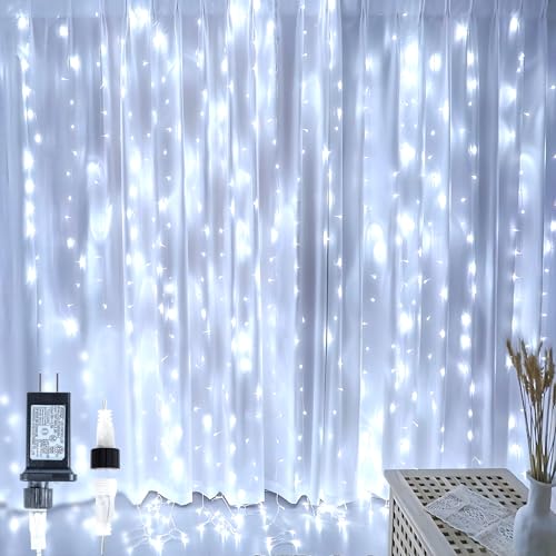 HEYFUNi 9.8FT x 9.8FT White Curtain Lights Plug in, Curtain Fairy Lights | 304LED Hanging String Lights with 8 Modes, Connectable Waterfall Lights for Bedroom, Dorm, Christmas, Backdrop, Wedding Decor - color: Cool White, size: 9.8ft*9.8ft