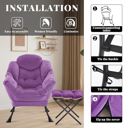 Lazy Chair with Ottoman, Comfy Reading Chair, Purple | Cushioned Seat with Foldable Ottoman and Side Pocket, Lounge Chair for Bedroom, Living Room, Dorm and Small Spaces - color: Purple