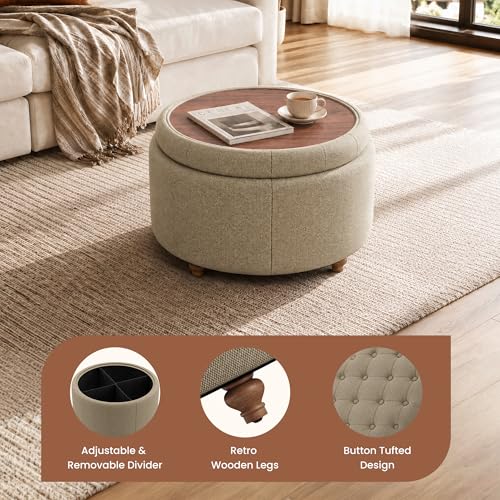 25" Round Ottoman with Storage, Small Coffee Table with Reversible Tray Lid | Tufted Fabric Round Storage Ottoman with Solid Wood Legs, 3-in-1 Footrest for Living Room, Bedroom, Entryway, Coffee - color: Coffee