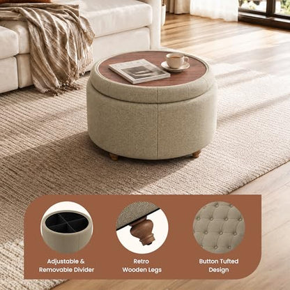 25" Round Ottoman with Storage, Small Coffee Table with Reversible Tray Lid | Tufted Fabric Round Storage Ottoman with Solid Wood Legs, 3-in-1 Footrest for Living Room, Bedroom, Entryway, Coffee - color: Coffee