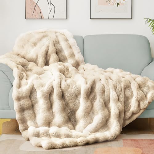 Latepis Soft Luxury Faux Fur Bubble Blanket, Thick Warm Cozy Twin Blankets for Couch, Plush Fluffy Blankets for Sofa and Bedroom, Fuzzy Blanket for Women Gift, 60” x 80”, Tie-dye Camel, 860GSM - color: Tie-dye Camel, size: Twin-60''*80''
