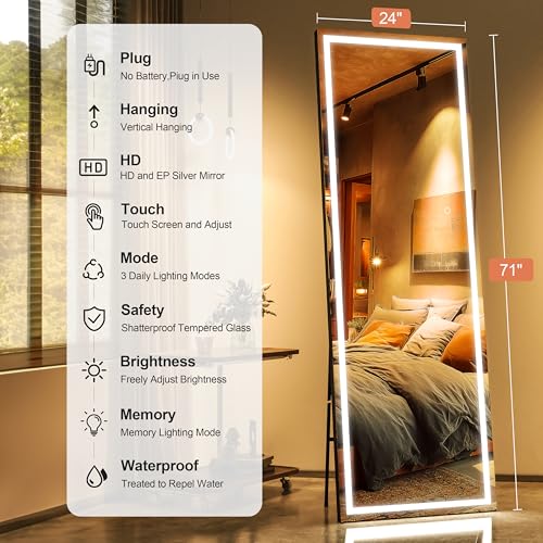 71" x 24" Full Length Mirror with Lights, LED Lighted Floor Standing Body Mirror, Dimmable & 3 Color Lighting for Bedroom, Cloakroom, Dressing Room, Tempered Glass, Black Frame - color: Black, size: 71"L x 24"W